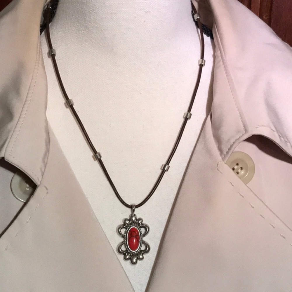 CHAPS SilverTone Pendant Red Stone Necklace 18-20”
